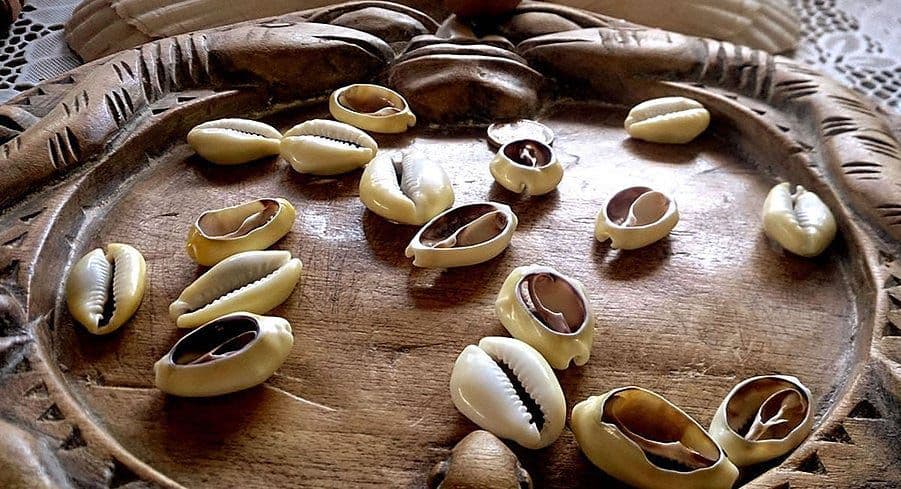 Jogo de búzios sobre bandeja de madeira